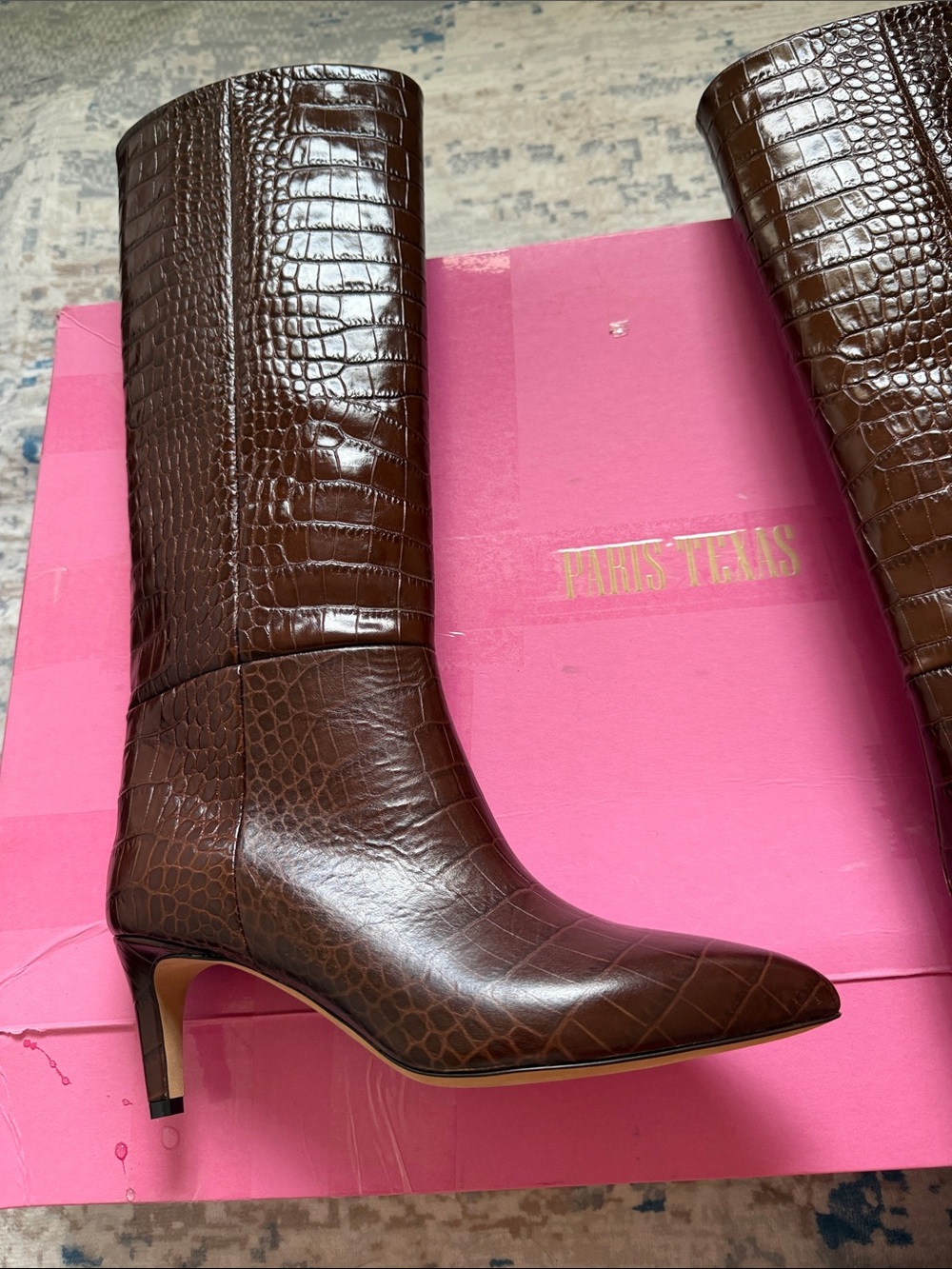 Paris Texas Dark Brown Croc-Embossed Pointed Knee Boots